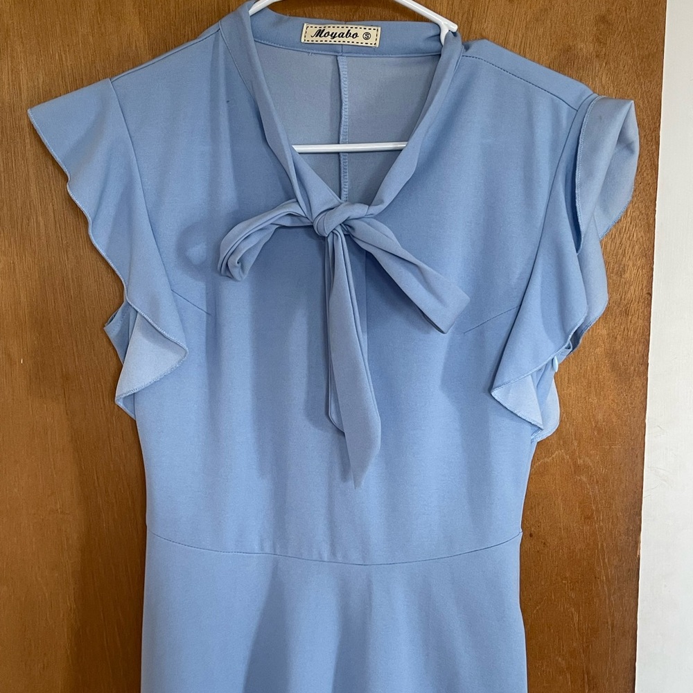 Blue Women's Dress with Bow Detail